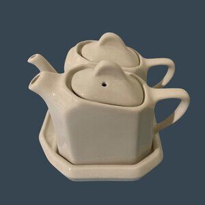 Hall Pottery Tea For Two Double Tea Pot Set With Underplate